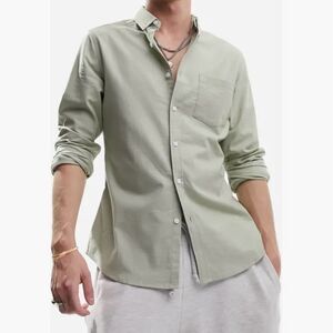 Asos Design Slim Fit Stretch Oxford Button-Down Shirt Sage Green M NWT‎ IN PKG